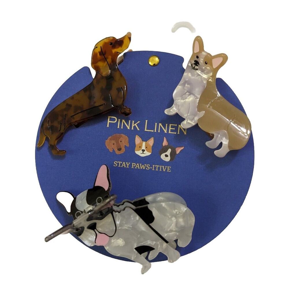 New Pink Linen DOG Hair Clips~Set of 3 Corgi Dachshund Frenchie Stay Pawsitive